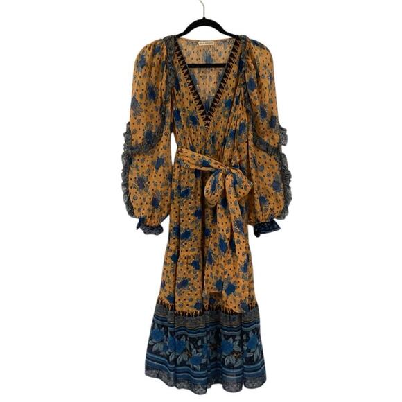 Ulla Johnson Romilly Silk Floral Orange Blue Long Sleeve Midi Dress Size 4 - Picture 5 of 14